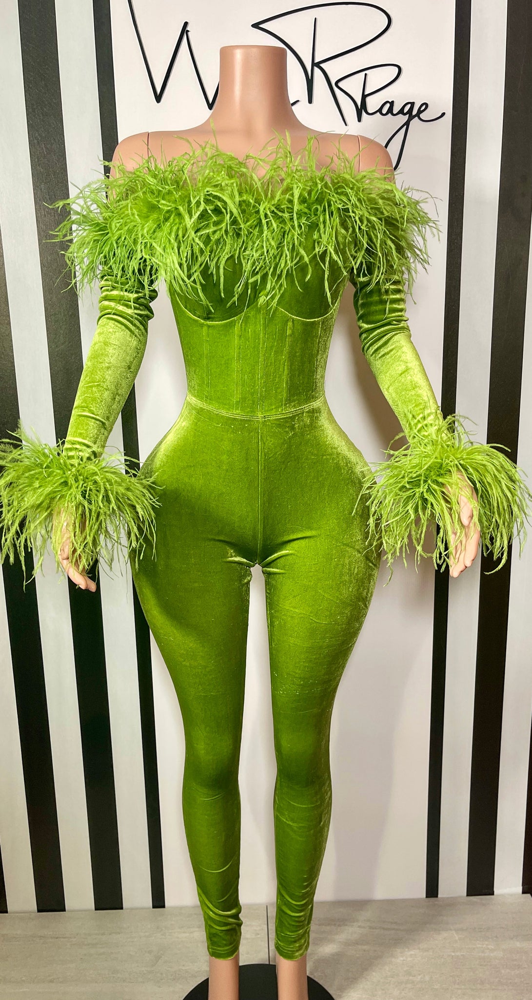 Green Velvet Jumpsuit with Feathered Long Sleeves 