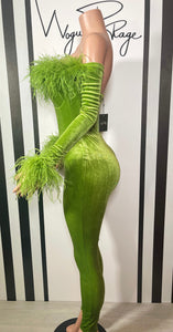 Green Velvet Jumpsuit with Feathered Long Sleeves 