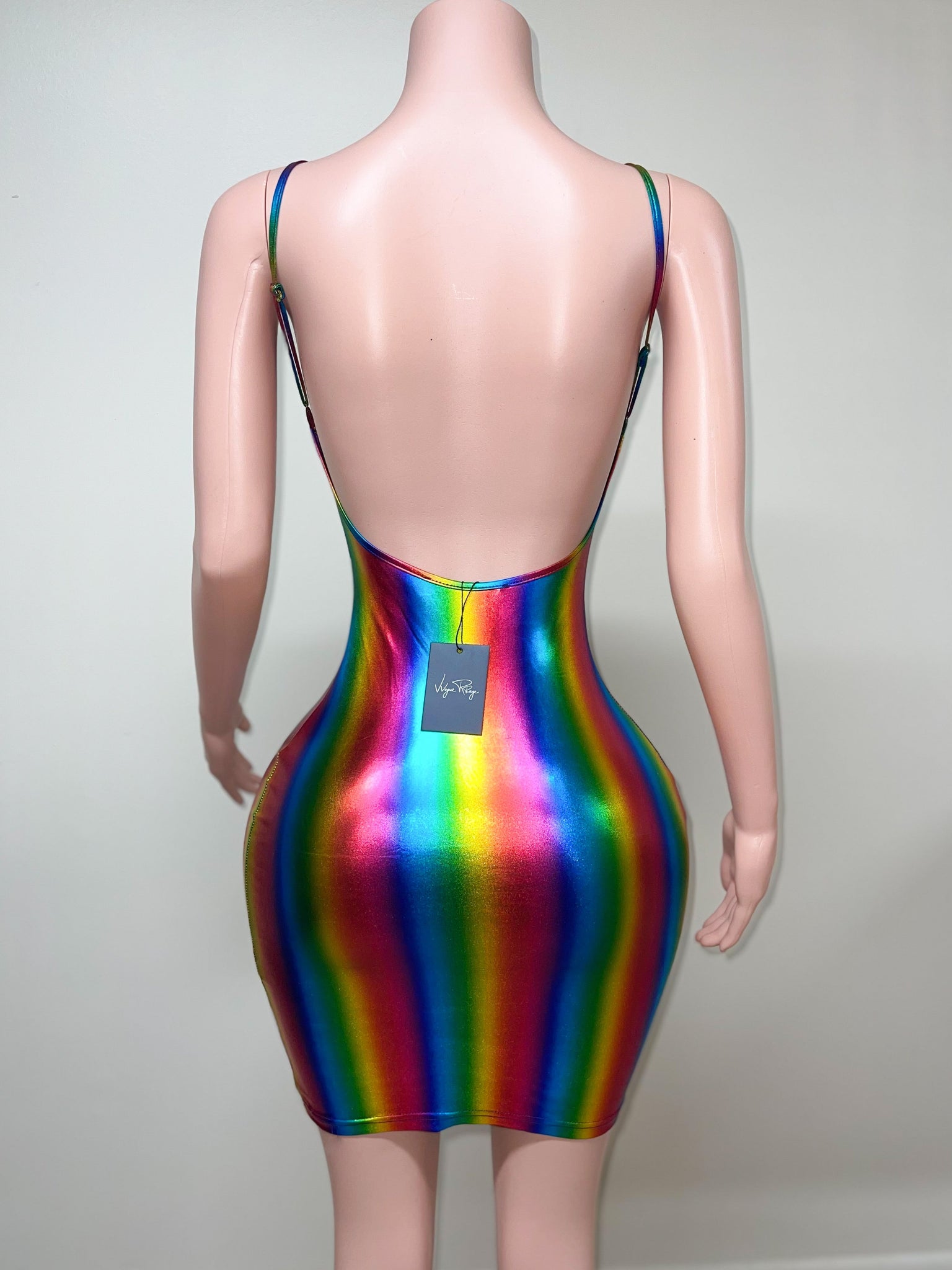 backless rainbow colored dress